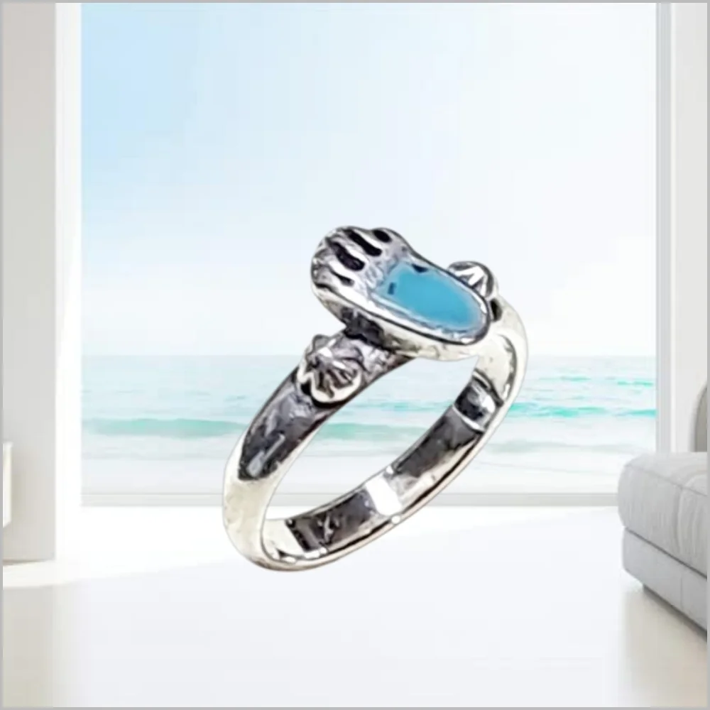 Sterling Silver Ring with Mini Bear Turquoise Paw. Size 2.5
